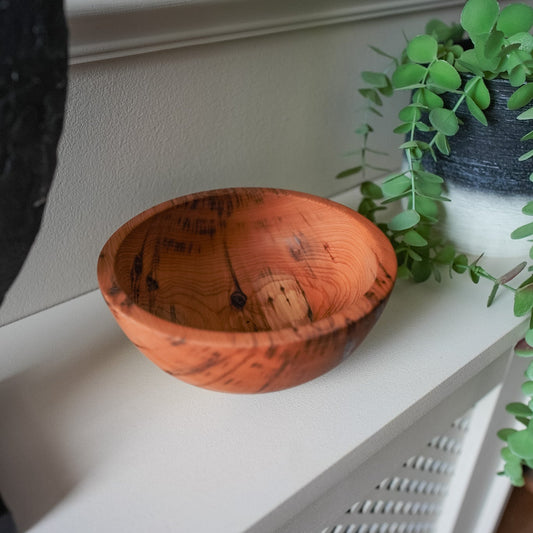 A small handcrafted wooden bowl with a warm orange-brown finish and dark grain patterns, displayed on a white shelf next to a green plant.
